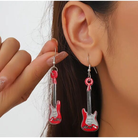 RED Rock Electric Guitar Earrings Music Concert Skull - Picture 2 of 3